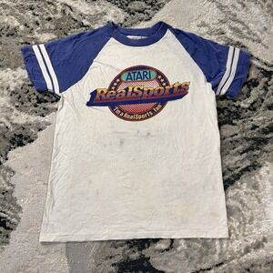 Vintage Rare Atari 1982 Real Sports Blue‎  & White T-Shirt Gaming Promo Y2K Sz S